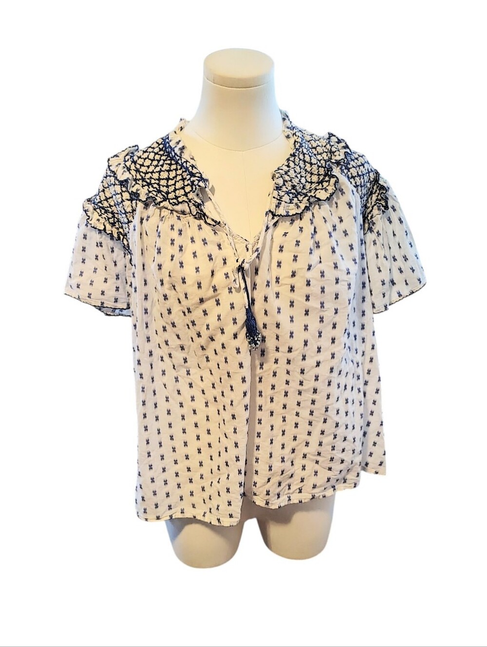Pilcro Anthropologie Cottagecore White And Blue Ruffled Tassel Blouse Size Large